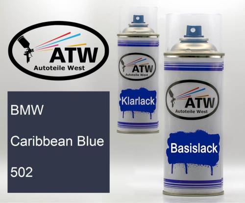 BMW, Caribbean Blue, 502: 400ml Sprühdose + 400ml Klarlack - Set, von ATW Autoteile West.